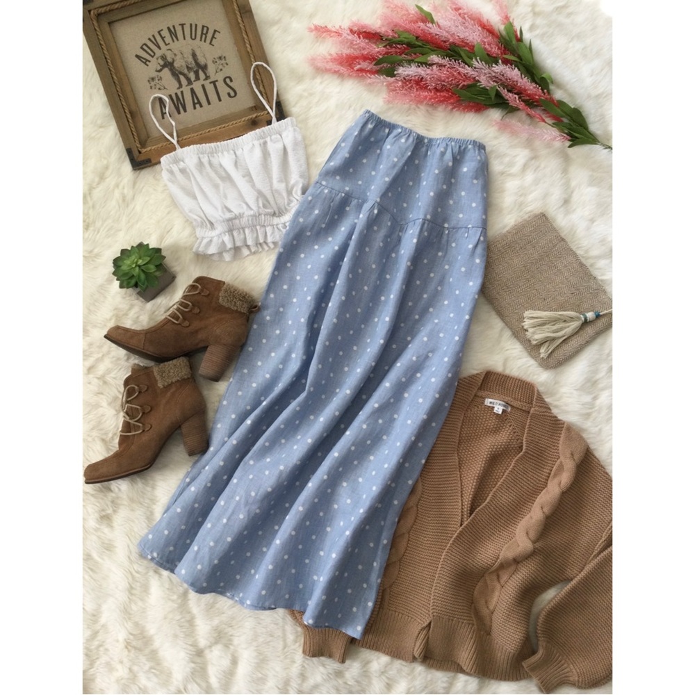 XS/S Reformation Cornflower Blue Polka Dot Prairie Linen Maxi Skirt Western